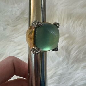 Alexis Bittar green dome gold colored ring with diamond accent corners